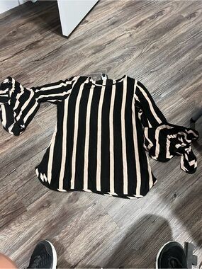 Coco Bianco Black and Cream Striped Bell Sleeve Blouse